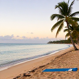 Caribbean Holidays, Puerto Rico Wellness, A peaceful Puerto Rico beach at sunrise with calm turquoise water, palm trees and a comfortable yoga mat on the sand