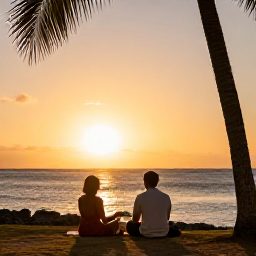 Caribbean Holidays, Puerto Rico Wellness, A relaxed couple enjoying a quiet sunset beside the Caribbean Sea in Puerto Rico, with warm golden light and palm silhouettes