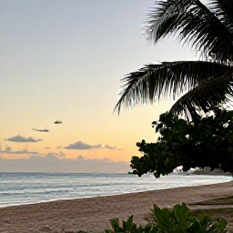 Caribbean Holidays, Puerto Rico Wellness, A serene Puerto Rican coastal view at sunset with a quiet beach, tropical vegetation and warm evening light