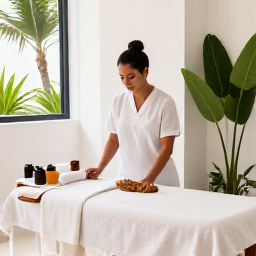 Caribbean Holidays, Puerto Rico Wellness, A serene tropical spa treatment in Puerto Rico, with a therapist, natural products, soft towels and greenery in a bright elegant room
