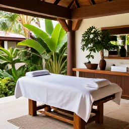 Caribbean Holidays, Puerto Rico Wellness, A tranquil Puerto Rican spa setting with an outdoor treatment room, tropical greenery and natural wooden details