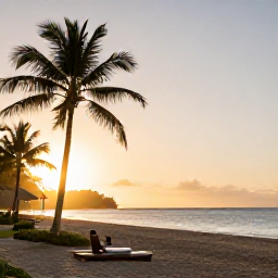 Caribbean Holidays, Puerto Rico Wellness, Calm tropical beach in Puerto Rico at sunrise, soft golden light, palm trees and a quiet wellness atmosphere