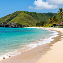 Caribbean Holidays, Puerto Rico Wellness, Calm turquoise lagoon and secluded sandy beach in Puerto Rico surrounded by green hills