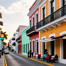 Caribbean Holidays, Puerto Rico Wellness, Colourful San Juan street with historic Spanish buildings, relaxed outdoor caf&eacute;, local food and warm February afternoon light