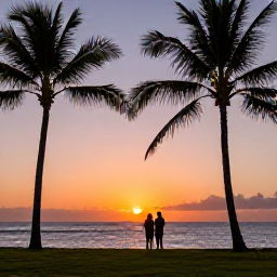 Caribbean Holidays, Puerto Rico Wellness, Colourful sunset over a quiet Puerto Rico coastline, with silhouettes of palm trees and a relaxed couple watching the sea