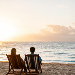 Caribbean Holidays, Puerto Rico Wellness, Couple relaxing in comfortable chairs on a Puerto Rico beach at sunset, soft golden light and calm Caribbean sea