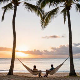 Caribbean Holidays, Puerto Rico Wellness, Couple relaxing in hammocks beneath palm trees beside a quiet Puerto Rico beach at sunset
