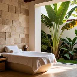 Caribbean Holidays, Puerto Rico Wellness, Elegant Puerto Rico spa interior with natural stone, tropical plants, soft towels and warm natural light