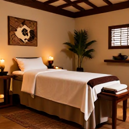 Caribbean Holidays, Puerto Rico Wellness, Elegant Puerto Rico wellness spa with a treatment room, natural materials, candles and tropical plants, calm relaxing atmosphere