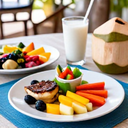 Caribbean Holidays, Puerto Rico Wellness, Fresh healthy Puerto Rican lunch with tropical fruit, grilled fish, vegetables and coconut water on a shaded outdoor table