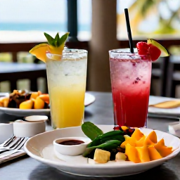 Caribbean Holidays, Puerto Rico Wellness, Fresh tropical fruit, herbal drink and healthy Puerto Rican-inspired meal on a shaded terrace
