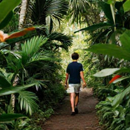 Caribbean Holidays, Puerto Rico Wellness, Green rainforest trail in El Yunque, Puerto Rico, with a relaxed visitor walking beneath tropical foliage and soft filtered sunlight
