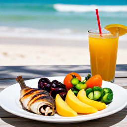Caribbean Holidays, Puerto Rico Wellness, Healthy Puerto Rican lunch with fresh tropical fruit, grilled fish, vegetables and natural juice beside the sea