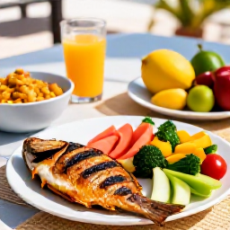 Caribbean Holidays, Puerto Rico Wellness, Healthy Puerto Rican meal with fresh fruit, vegetables, grilled fish and local ingredients on a sunny outdoor table