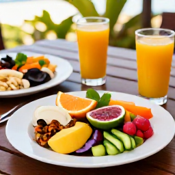 Caribbean Holidays, Puerto Rico Wellness, Healthy Puerto Rican meal with fresh fruit, vegetables, seafood and natural juice on a relaxed outdoor dining table