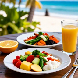 Caribbean Holidays, Puerto Rico Wellness, Healthy Puerto Rican meal with fresh tropical fruit, vegetables, seafood and natural juice on a relaxed outdoor table