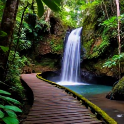 Caribbean Holidays, Puerto Rico Wellness, Lush El Yunque rainforest in Puerto Rico with a gentle waterfall, wooden walking trail and tropical foliage