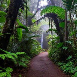 Caribbean Holidays, Puerto Rico Wellness, Lush El Yunque rainforest in Puerto Rico with a shaded trail, tropical plants, mist and a small waterfall