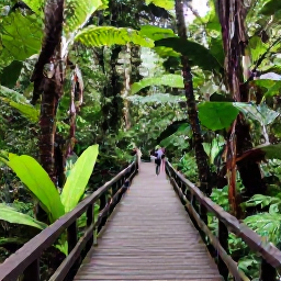 Caribbean Holidays, Puerto Rico Wellness, Lush El Yunque rainforest in Puerto Rico with a wooden trail, tropical plants, gentle waterfall and visitors enjoying a peaceful nature walk