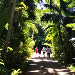 Caribbean Holidays, Puerto Rico Wellness, Lush Puerto Rico rainforest trail with visitors walking beneath tropical trees and filtered sunlight