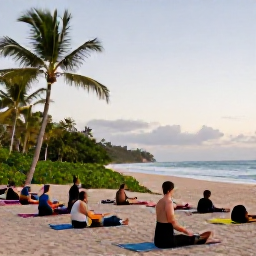 Caribbean Holidays, Puerto Rico Wellness, Open-air yoga class overlooking a Puerto Rican beach, visitors stretching on mats, tropical greenery and calm morning light