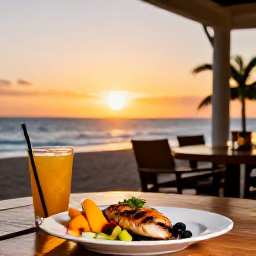 Caribbean Holidays, Puerto Rico Wellness, Outdoor Puerto Rican restaurant at sunset with healthy local food, fresh fruit, grilled fish and a relaxed dining setting