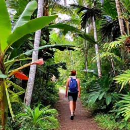 Caribbean Holidays, Puerto Rico Wellness, Outdoor wellness scene in Puerto Rico, showing a forest trail through lush tropical greenery with a traveller walking peacefully