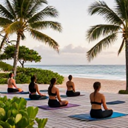 Caribbean Holidays, Puerto Rico Wellness, Outdoor yoga class on a Puerto Rican beach, wooden platform, tropical greenery and peaceful morning atmosphere