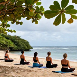 Caribbean Holidays, Puerto Rico Wellness, Outdoor yoga class overlooking a Puerto Rico beach, with tropical greenery and calm sea in the background