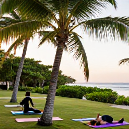 Caribbean Holidays, Puerto Rico Wellness, Outdoor yoga session beneath palm trees beside a Puerto Rican beach, tropical greenery, calm morning light