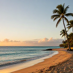 Caribbean Holidays, Puerto Rico Wellness, Peaceful Puerto Rican beach at sunrise in June, calm turquoise water, soft golden light and a few palm trees
