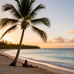 Caribbean Holidays, Puerto Rico Wellness, Peaceful Puerto Rican beach at sunrise in March, soft golden light, calm turquoise water and a person relaxing beneath a palm tree