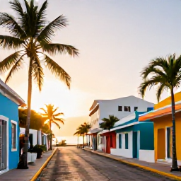 Caribbean Holidays, Puerto Rico Wellness, Peaceful Puerto Rican coastal town in January, colourful buildings, palm-lined street, warm sunshine and relaxed holiday atmosphere