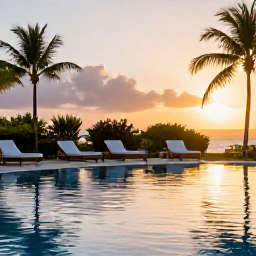Caribbean Holidays, Puerto Rico Wellness, Peaceful Puerto Rican resort pool at sunset with loungers, tropical plants and warm evening light