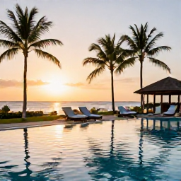 Caribbean Holidays, Puerto Rico Wellness, Peaceful Puerto Rican resort pool surrounded by palm trees at sunset, comfortable loungers and tranquil atmosphere