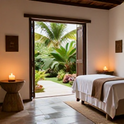Caribbean Holidays, Puerto Rico Wellness, Peaceful Puerto Rican spa setting with natural stone, tropical greenery, gentle candlelight and a treatment room open to a bright garden