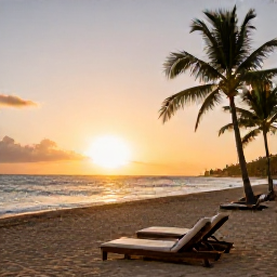 Caribbean Holidays, Puerto Rico Wellness, Peaceful Puerto Rico sunset over a quiet beach, comfortable loungers, tropical palms and a relaxed holiday atmosphere