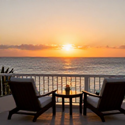 Caribbean Holidays, Puerto Rico Wellness, Peaceful Puerto Rico sunset over the Caribbean Sea, comfortable hotel terrace, warm light and a relaxed holiday mood