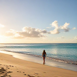 Caribbean Holidays, Puerto Rico Wellness, Quiet golden beach in Puerto Rico at sunrise, calm turquoise water, soft February light and a relaxed traveller walking beside the sea