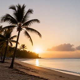 Caribbean Holidays, Puerto Rico Wellness, Quiet palm-fringed beach in Puerto Rico at sunrise, soft golden light, calm Caribbean Sea