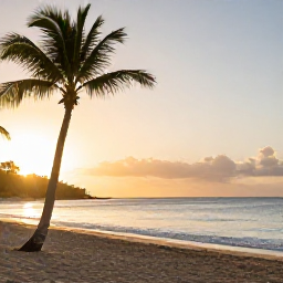 Caribbean Holidays, Puerto Rico Wellness, Quiet palm-lined beach in Puerto Rico at sunrise, soft golden light, calm Caribbean Sea, peaceful wellness holiday atmosphere