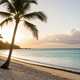 Caribbean Holidays, Puerto Rico Wellness, Quiet Puerto Rican beach at sunrise in December, calm turquoise water, soft golden light, palm trees and a peaceful wellness holiday atmosphere