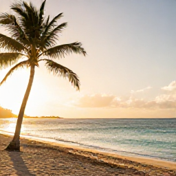 Caribbean Holidays, Puerto Rico Wellness, Quiet Puerto Rican beach at sunrise in January, soft golden light, palm trees, calm turquoise sea, peaceful wellness holiday atmosphere