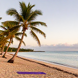 Caribbean Holidays, Puerto Rico Wellness, Quiet Puerto Rican beach at sunrise with palm trees, calm turquoise water and a yoga mat on the sand