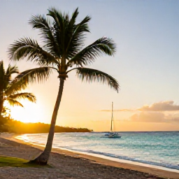 Caribbean Holidays, Puerto Rico Wellness, Quiet Puerto Rico beach at sunrise with soft golden light, palm trees and calm turquoise water