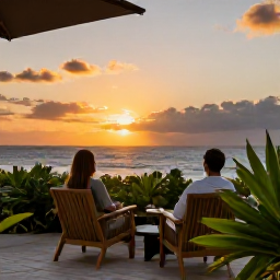 Caribbean Holidays, Puerto Rico Wellness, Relaxed couple watching sunset from a Puerto Rico seaside terrace, comfortable chairs, tropical plants and glowing evening sky