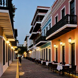 Caribbean Holidays, Puerto Rico Wellness, Relaxed evening in Old San Juan, colourful historic buildings, softly lit streets, outdoor dining and a welcoming December atmosphere