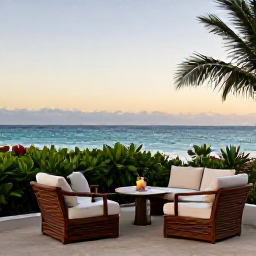 Caribbean Holidays, Puerto Rico Wellness, Relaxed evening on a Puerto Rican resort terrace overlooking the sea, gentle sunset colours, comfortable seating and tropical plants