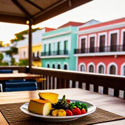 Caribbean Holidays, Puerto Rico Wellness, Relaxed outdoor restaurant in Old San Juan, colourful buildings, healthy Caribbean meal and evening sunshine