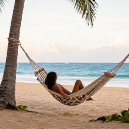 Caribbean Holidays, Puerto Rico Wellness, Relaxed traveller in a Puerto Rican hammock overlooking a quiet tropical beach, soft afternoon light